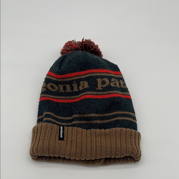 Patagonia Brown Grey Striped Pom Pom Beanie One Size - Picture 1 of 6
